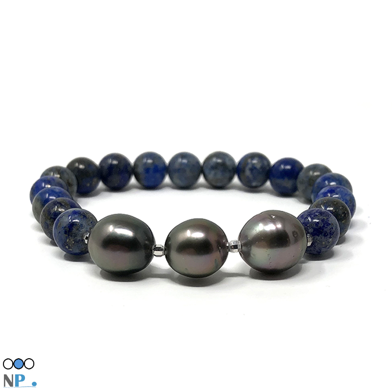 Incroyable bijou ce bracelet compose de pierres lapis lazuli et de perles de Tahiti avec Billes Or 18 carats or gris